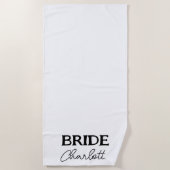 Serviette De Plage Élégant Script Mariée Noir Blanc (Devant)