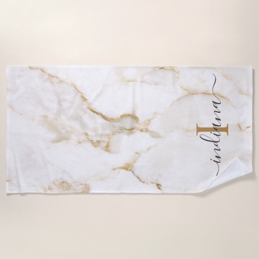 Serviette De Plage Élégant Script Monogramme Marbre (Devant)
