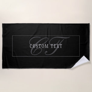 Serviette De Plage Élégant Script Monogramme modifiable noir gris bla