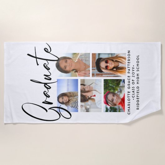Serviette De Plage Élégant Script Multi Photo Graduate (Devant)
