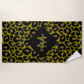 Serviette De Plage Élégant vert olive et léopard noir Monogrammé (Devant)
