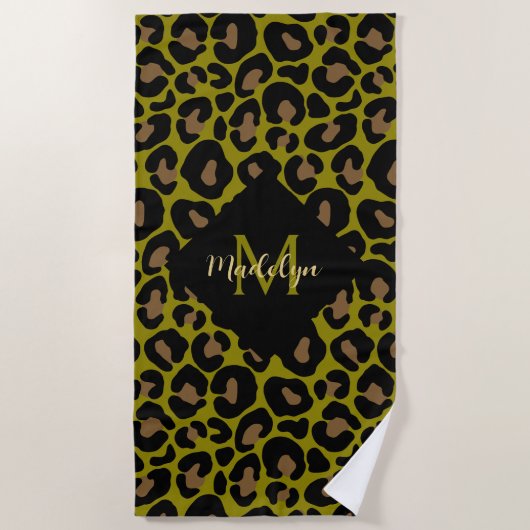 Serviette De Plage Élégant vert olive et léopard noir Monogrammé (Devant)