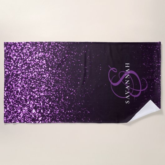 Serviette De Plage Élégant Violet Monogramme Script Parties scintilla (Devant)