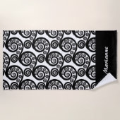 Serviette De Plage Elégante Boucles Noir & Blanc Koru Fern Frond (Devant)
