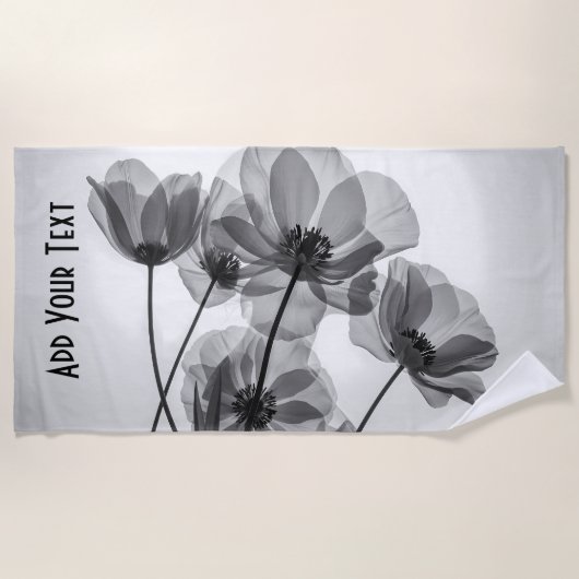 Serviette De Plage Élégante fleur de pavot noir et blanc (Devant)