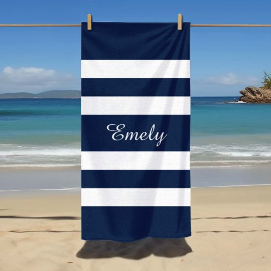 Serviette De Plage Elégante Motif Moderne Bleu Et Blancs Nom