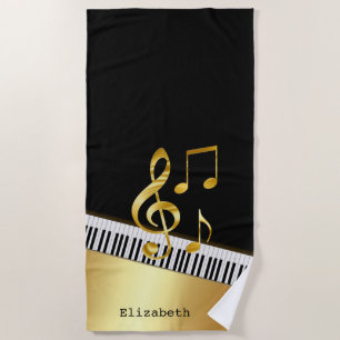 Serviette De Plage Élégantes notes de musique noir or moderne, touche