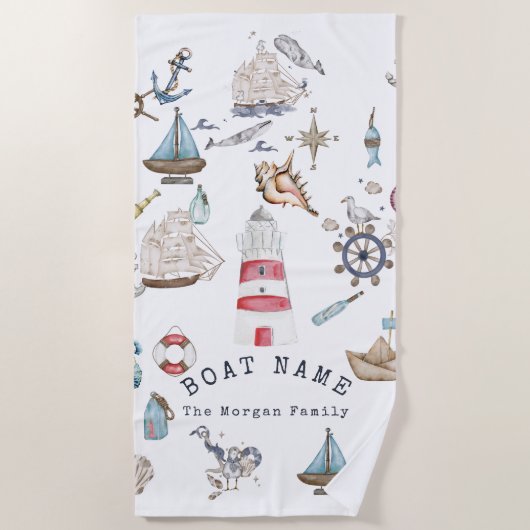 Serviette De Plage Éléments nautiques à l'aquarelle Marin (Devant)