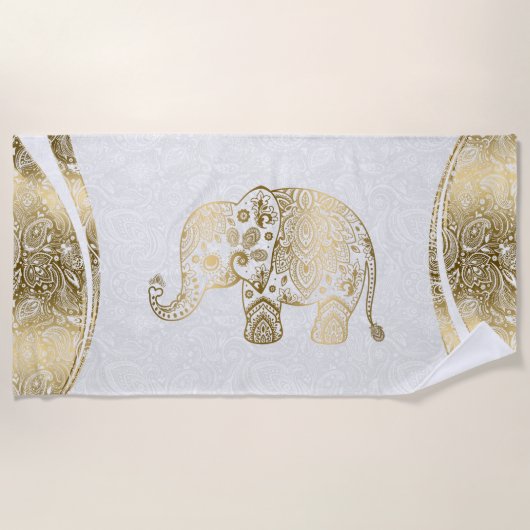 Serviette De Plage Eléphant à la paisley florale or et blanc (Devant)