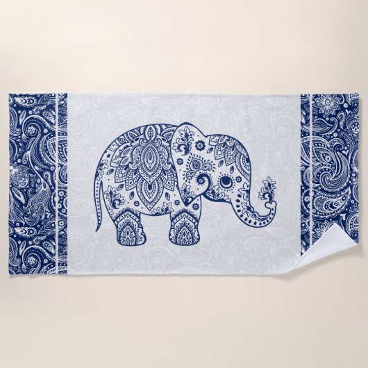 Serviette De Plage Eléphant bleu marine et blanc de la marguerite flo (Devant)