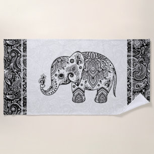 Serviette De Plage Eléphant de Paisley Floral Noir & Blanc