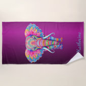 Serviette De Plage Éléphant Mandala Coloré avec Nom Personnalisé (Devant)