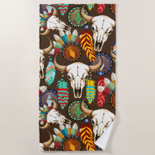 Serviette De Plage Emblème amérindien de crâne de buffle