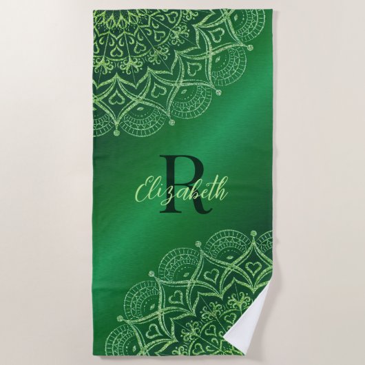 Serviette De Plage Emerald Green Elegant Mandala Monogrammed (Devant)