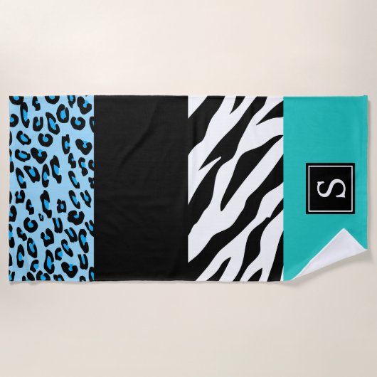 Serviette De Plage Empreinte de léopard, Zebra Print, Bleu, Monogramm (Devant)