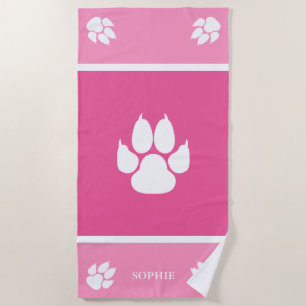 Serviette De Plage Empreintes de pattes de chien blanc sur fond rose