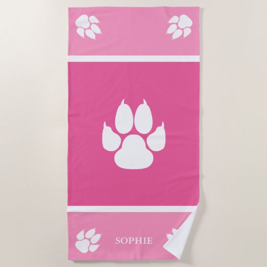 Serviette De Plage Empreintes de pattes de chien blanc sur fond rose (Devant)