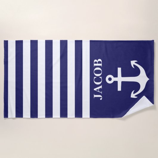Serviette de plage en Ancres rayées bleu et blanc (Devant)