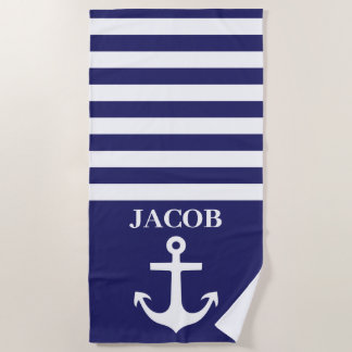 Serviette de plage en Ancres rayées bleu et blanc