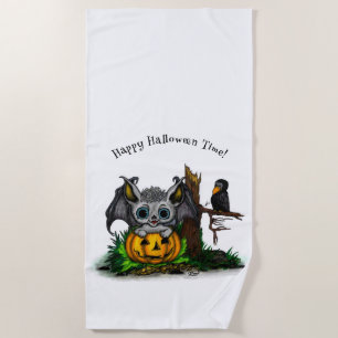 Serviette De Plage En attendant Halloween, Chauve-souris et Corbeau m