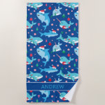 Serviette De Plage Enfants Christmas Shark Narwhal Personnalisé<br><div class="desc">Enfants Shark Narwhal Personnalisé Sous La Serviette Sea Beach. Narwhal,  requin,  baleine sous le thème de la mer rouge,  vert et bleu motif de vacances avec menthe poivrée,  sucres de canne et ornements.</div>