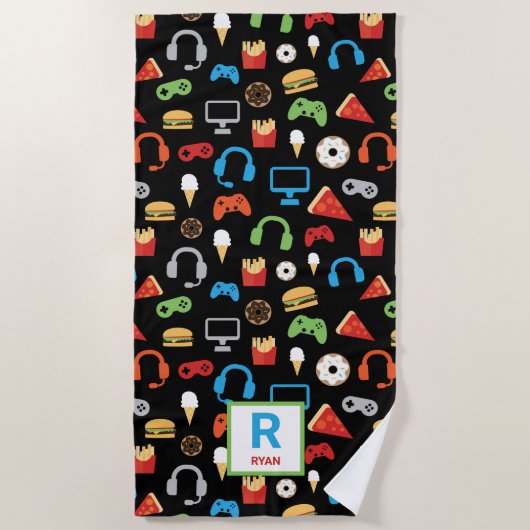 Serviette De Plage Enfants Personnalisé Jeu Vidéo Motif Gamer Snacks (Devant)