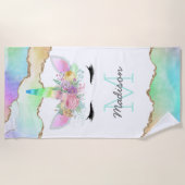Serviette De Plage Enfants Rainbow Unicorn Monogramme (Devant)