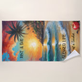 Serviette De Plage Enseignant du coucher de soleil sur la plage tropi (Devant)