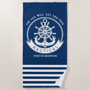 Serviette De Plage Esprit nautique Ancre,Roue, Bleu marine,Rayures