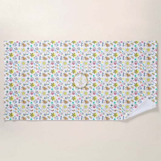 Serviette De Plage Été Amusement Monogram Plage Vacances Doodles Déco (Devant)