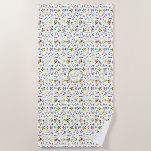 Serviette De Plage Été Amusement Monogram Plage Vacances Doodles Déco (Devant)