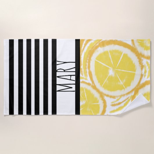 Serviette De Plage Été Black Stripes Lemon Abstrait (Devant)