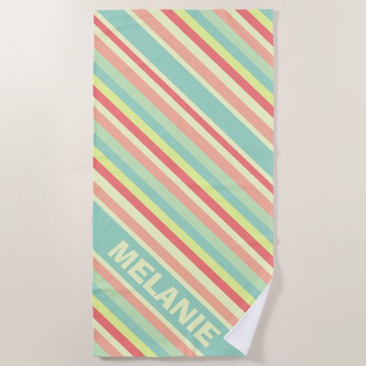 Serviette De Plage Été moderne Coloré Diagonal Stripes Nom (Devant)