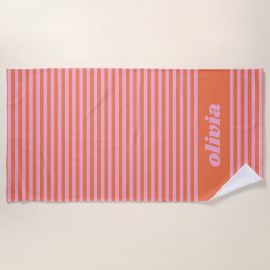 Serviette De Plage Été personnalisé rayé rétro orange rose (Devant)
