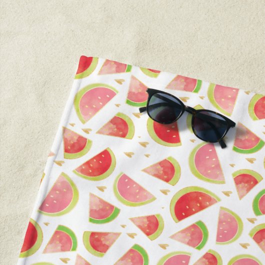 Serviette De Plage Eté Watermelon Slices & Gold Heart Motif (En situation)