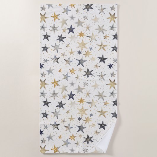 Serviette De Plage Étoiles Bleues Argent Or (Devant)