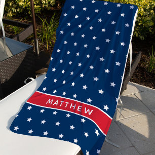 Serviette De Plage Étoiles Bleues Patriotiques Monogramme Rouge Nom