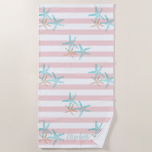 Serviette De Plage Étoiles de mer adorables sur rayures roses - Perso