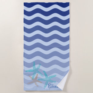 Serviette De Plage Étoiles de mer Vagues Rayures Bleu Marine Nautique