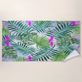 Serviette De Plage Exotique Tropicale, Feuilles De Palmiers, Flamants (Devant)