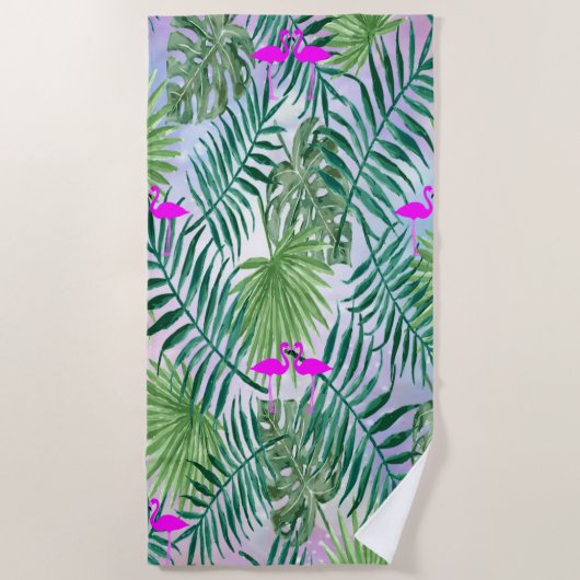 Serviette De Plage Exotique Tropicale, Feuilles De Palmiers, Flamants (Devant)