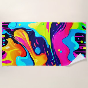 Serviette De Plage Explosion de couleur liquide Neon Chaos