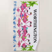 Serviette De Plage Famille de Flamants roses amusants (Devant)