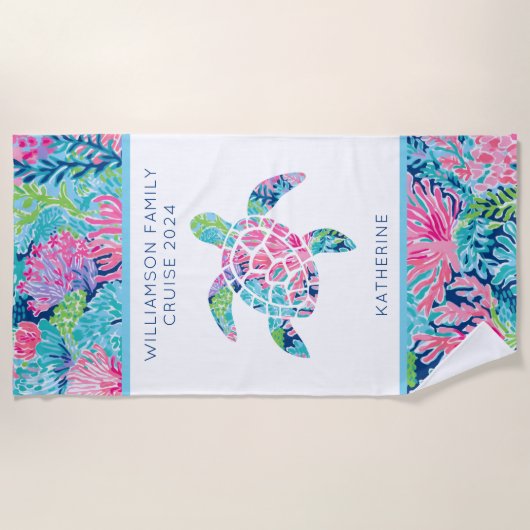 Serviette De Plage Famille moderne Croisière Vacances Sea Turtle Nom (Devant)