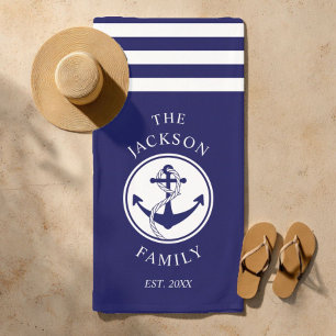 Serviette De Plage Family Name Nautical Ship Anchor Stripes