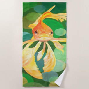 Serviette De Plage Fantastique poisson d'or avec bulles vertes Vector