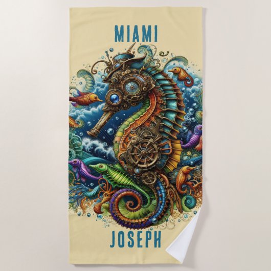 Serviette De Plage FANTASY BLEU & BRUN STEAMPUNK HIPpocampe (Devant)