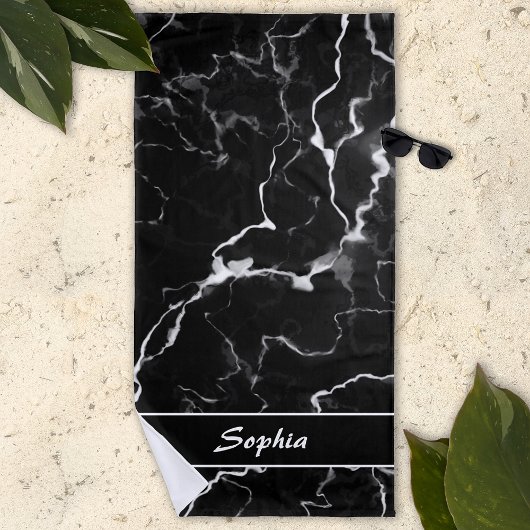 Serviette De Plage Faux Black Marble Texture Look Avec Texte Personna