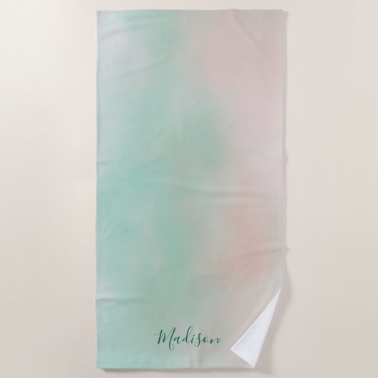 Serviette De Plage Féminin Rose Pastel Vert Dégradé Script (Devant)