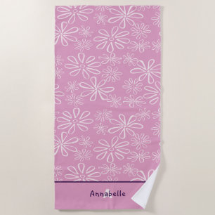 Serviette De Plage Feminine Nom & Blush & Pink Floral Doodle Motif